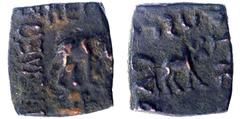 Copper Square Lepton Coin of Azes II of Indo Scythians. Ancient India Indo-Scythian 01. Azes II (35-12 BC) Lepton ;Indo-Scythians, Azes II(35-12 BC),Copper Square Lepton, Obv:elephant standing right, 