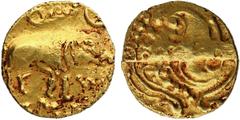 Coins Of INDIA Hindu Medieval of India Chalukyas of Badami (6-8 Century AD), Gold Varaha (Gadyana), Obv: a caparisoned Varaha (Boar), the Chalukya insignia facing right, with sun and crescent symbols 
