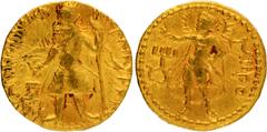 Coins Of INDIA Ancient India Kushan Dynasty, Kanishka I (127-140 AD), Gold Dinar, "MIIPO" (Sun God) type, Obv: crowned, diademed king standing facing left, holding spear and ankush, sacrificing over f