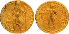 Ancient India Coins Kushan Dynasty, Kanishka I (127-140 CE), Gold Dinar, "MIIPO" (Sun God) type, Obv: the diademed king standing, facing left, holding a spear in his left hand and an ankush in the oth