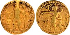 Ancient India Coins Kushan Dynasty, Kanishka I (127-140 CE), Gold Dinar, "OESHO" (Shiva) type, Obv: the diademed king standing, facing left, holding a spear in his left hand and sacrificing over an al
