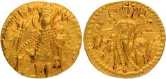 Ancient India Coins Kushan Dynasty, Vasudeva I (190-230 CE), Gold Dinar, "OESHO" (Shiva) type, Obv: the king standing, diademed and nimbate, facing left, sacrificing over an altar, holding a trident i