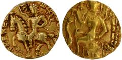 Coins of Ancient India & Ancient World Gupta Dynasty, Kumaragupta I (Mahendraditya) (415-455 CE), Gold Dinar, "Horseman - Left" type, Obv: the king riding a ceremonially adorned horse to the left, wea