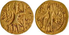 Coins of Ancient India & Ancient World Kushan Dynasty, Vasishka (247-267 CE), Gold Dinar, "OESHO" (Shiva) type, Mint Peshawar?, Obv: the king, crowned and nimbate, standing facing the left, sacrificin