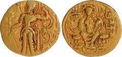 Coins of Ancient India & Ancient World Gupta Dynasty, Chandragupta II (Vikramaditya) (375-415 CE), Gold Dinar, "Archer-Goddess on throne" type, Brahmi legend "Chandra" within the bow, Obv: the king st