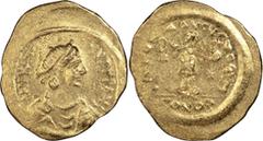 Byzantine Justin II. Solidus; Justin II; 565-578 AD. Constantinople, c. 582-602 AD, Solidus, 4.46g. Berk-60, MIB-4, Sear-345. Obv: [D N I - V]STI - NVS PP AVI Helmeted and cuirassed bust facing, unbea