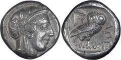 Ancient Greek Attica, Athens. Tetradrachm; Attica, Athens; Egyptian imitative issue, c. 430 BC, Tetradrachm, 17.34g. Obv: Helmeted head of Athena r. Rx: Owl standing r., head front, crescent and olive