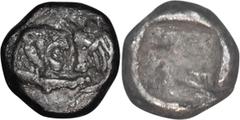 Ancient Greek Lydia, Croesus. 1/24 Silver Stater; Lydia, Croesus; 561-546 BC, 1/24 Stater, 0.40g. Berk-30. Obv: Confronted foreparts of lion and bull. Rx: Incuse punch.. EF