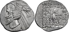 Ancient Greek Parthia, Phraates IV. Drachm; Parthia, Phraates IV; 38-2 BC, Drachm, 3.99g. Sellwood-52.32-3 var., Sunrise-395 var. Obv: Diademed bust of king l. with pointed beard and wart on brow; eag
