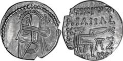 Ancient Greek Parthia, Vologases VI. Drachm; Parthia, Vologases VI; 208-228 AD, Drachm, 3.69g. Sellwood-88.19, Sunrise-459. Obv: Bust of king l. with pointed beard, wearing tiara with pellets on stalk
