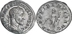 Roman Imperial Maximinus I Thrax. Denarius; Maximinus I Thrax; 235-238 AD, Rome, 235-6 AD, Denarius, 3.34g. BM-86, C-77, RIC-13. Obv: without GERM, second portrait. Rx: PROVIDENTIA AVG Providentia sta