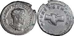 Roman Imperial Pupienus. Antoninianus; Pupienus; 238 AD, Rome, Antoninianus, 4.58g. BM-92, C-21 (10 Fr.), RIC-11b. Obv: IMP CAES PVPIEN MAXIMVS AVG Bust radiate, draped, cuirassed r. Rx: Clasped hands