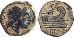 Roman Republic Imitative Anonymous Semis. Semis; Imitative Anonymous Semis; c. 2nd half of 2nd cent. BC, Semis, 6.94g. Ripollès/Witschonke, Studies Burnett, 2015, cat. 51 (dies 35/41, 22 spec.). Obv: 