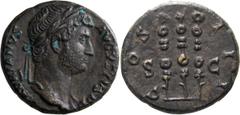 Roman Imperial Hadrian. Semis; Hadrian; 117-138 AD, Rome, c. 128-9 AD, Semis, 3.13g. RIC-976 (C), BM-1381A note, bust var. of C-450 (4 Fr.). Obv: [H]ADRIANVS - AVGVSTVS P P Bust laureate r. Rx: COS - 