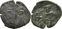 Byzantine Andronicus II. Trachy; Andronicus II; 1282-1328 AD. Thessalonica, Trachy, 1.14g. Lianta-685, Bendall-243, Sear-2383. Obv: Indistinct. Rx: Andronicus standing holding patriarchal cross in cir