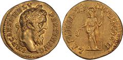 Roman Imperial Pertinax. Aureus; Pertinax; 193 AD, Rome, Aureus, 7.22g. BM-7, RIC-4a (R2), C-19 (300 Fr.), Calicó-2383b (same obv. die). Obv: IMP CAES P HELV - PERTIN AVG Head laureate r. Rx: LAETITIA