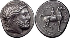 Ancient Greek Macedonia, Philip II. 359-336 BC. Tetradrachm; Macedonia, Philip II. 359-336 BC; Lifetime issue; Pella II, 342/1-337/6 BC, Tetradrachm, 14.45g. Le Rider-233b (D130/R188, this coin). Obv: