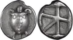 Ancient Greek Attica, Aegina. Stater; Attica, Aegina; c. 486-446 BC, Stater, 12.04g. Milbank-15. Obv: Sea Turtle. Rx: Incuse square divided by broad flat bands into five irregular compartments.This is