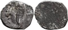 Ancient Greek Macedonian Period, c. 333-302 BCE. ; Macedonian Period, c. 333-302 BCE; c. 330-302 BCE, Mint in or near Jerusalem, Half-Ma\'ah-Obol, 0.26g. Cf. Hendin-6067. Obv: Blank. Rx: Forepart of w
