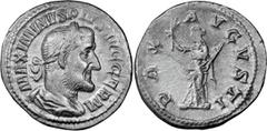 Roman Imperial Maximinus I Thrax. Denarius; Maximinus I Thrax; 235-238 AD, Rome, 236-8 AD, Denarius, 2.81g. BM-144, C-37, RIC-19. Obv: with GERM, third portrait. Rx: PAX - AVGVSTI Pax standing l. hold