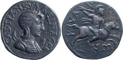 Roman Provincial Tranquillina. AE 29; Tranquillina; Cyane, Lycia, AE 29, 18.61g. Weber-7267 (same dies). Obv: Draped bust of empress r., wearing stephane, set on crescent. Rx: Warrior on horseback r.,