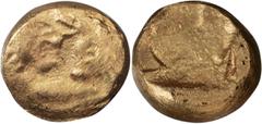 Ancient Greek Lydia, Croesus, 1/12 Heavy Gold Stater. ; Lydia, Croesus, 1/12 Heavy Gold Stater; 565-546 BC, 1/12 Heavy Gold Stater, 0.86g. Berk-13. Obv: Confronted foreparts of a roaring lion and a bu