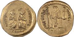 Byzantine Justin I and Justinian I. Solidus; Justin I and Justinian I; 4 April - 1 August 527. Constantinople, Solidus, 4.48g. Berk-41 var., MIB-1a. Obv: D N IVSTI[N ET IVSTIN]IAN PP AVC Justin and Ju