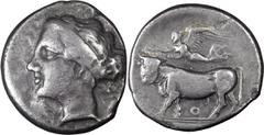 Ancient Greek Campania, Neapolis. Didrachm; Campania, Neapolis; 346-241 BC, Didrachm, 6.86g. SNG ANS-288 (same obv. die, no O below bull on rev.). Obv: Head of nymph l. Rx: Man-headed bull standing l.