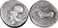 Ancient Greek Corinthia, Corinth. Stater; Corinthia, Corinth; 400-375 BC, Stater, 8.47g. Calciati-210. Obv: Pegasus flying l. Rx: Head of Athena l., bucranium behind.. VF
