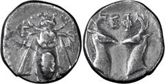 Ancient Greek Ionia, Ephesus. Alexandria Diobol; Ionia, Ephesus; c. 387-295 BC, Diobol, 1.01g. SNG Aulock-1835, SNG Cop-242. Obv: E - Φ Bee with straight wings, seen from above. Rx: Foreparts of two d