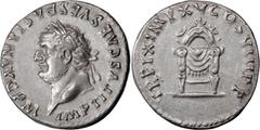 Roman Imperial Titus. Denarius; Titus; 79-81 AD, Rome, 80 AD, Denarius, 3.30g. RIC-123 (C), BM-60, Paris-51, C-311 (2 Fr.). Obv: IMP TITVS CAES VESPASIAN AVG P M Head laureate l. Rx: TR P IX IMP XV CO