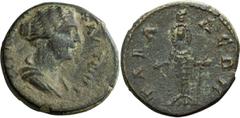 Roman Provincial Faustina II, Lydia, Tabala, AE 17. AE 17; Faustina II, Lydia, Tabala, AE 17; Tabala, Lydia, AE 17, 3.41g. BM-5, SNG Aul-3192. Obv: Bust draped r. Rx: Cult statue of Artemis Ephesia st