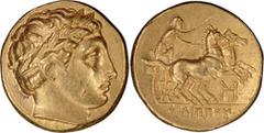Ancient Greek Macedonia, Philip II. 359-336 BC. Stater; Macedonia, Philip II. 359-336 BC; Abydos, c. 323-320 BC, Stater, 8.53g. SNG Lloyd-90, Le Rider-. Obv: Laureate head of Apollo r. Rx: Fast biga r