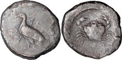 Ancient Greek Sicily, Akragas. Didrachm; Sicily, Akragas; 480/478-470 BC, Didrachm, 7.43g. Westermark-264, SNG ANS-950. Obv: Sea eagle standing l., AK behind, RA before. Rx: Crab.. aVF