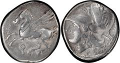 Ancient Greek Corinthia, Corinth. Stater; Corinthia, Corinth; 345-307 BC, Stater, 8.38g. Calciati-441. Obv: Pegasus l. Rx: Head of Athena l.; A P below, plow behind.. VF