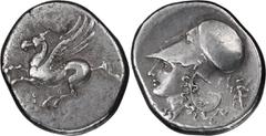 Ancient Greek Corinthia, Corinth. Stater; Corinthia, Corinth; 330-300 BC, Stater, 8.39g. Calciati-451. Obv: Pegasus flying l. Rx: Head of Athena l., Artemis with flaming torch behind.. VF / EF