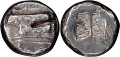 Ancient Greek Lycia, Phaselis. Stater; Lycia, Phaselis; c. 500-480 BC, Stater, 10.87g. Asyut-735. Obv: Prow of galley r., in shape of forepart of boar. Rx: Irregular incuse. Perhaps from the Asyut Hoa