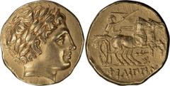Ancient Greek Macedonia, Philip II. Stater; Macedonia, Philip II; Pella, c. 323-317 BC, under Cassander as Regent, Stater, 8.56g. Le Rider-555a, p. 187 and pl. 71, this coin. Obv: Laureate head of Apo