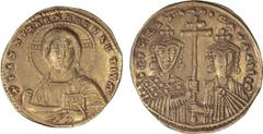 Byzantine Romanus II. Solidus; Romanus II; Constantinople, 959-963 AD, Solidus, 4.37g. Obv: Facing Bust of Christ. Rx: Facing busts of Constantine VII and Romanus II, patriarchal cross between. The is