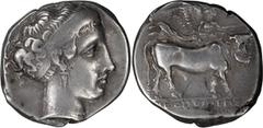 Ancient Greek Campania, Neapolis. Didrachm; Campania, Neapolis; 395-385 BC, Didrachm, 7.46g. SNG ANS-294. Obv: Portrait of Pathenope. Rx: Man-headed bull advancing surmounted by flying Nike, NEOΠΟΛΙΤΗ