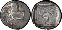 Ancient Greek Thrace, Maroneia. Triobol; Thrace, Maroneia; 377-365 BC, Triobol, 2.76g. SNG Cop-617. Obv: Forepart of horse prancing left. Rx: Grape bunch hanging from branch; M-A across lower fields; 