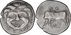 Ancient Greek Mysia, Parion. Achaean League Hemidrachm, ex BCD; Mysia, Parion; 4th cent. BC, Hemidrachm, 2.40g. BMC-28. Obv: Facing Gorgon. Rx: ΠA-PI Cow standing left, head turned right; laurel branc