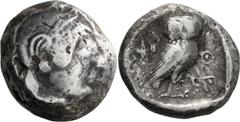 Ancient Greek Attica, Athens. Tetradrachm; Attica, Athens; About 499-480 BC, Tetradrachm, 17.00g. Issue for Persian War. Obv: Helmeted Bust of Athena right. Rx: [A]ΘE Standing owl and olive leaf leftT