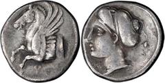 Ancient Greek Corinthia, Cornith. Achaean League Hemidrachm, ex BCD; Corinthia, Cornith; 350-300 BC, Hemidrachm, 1.37g. SNG Cop-75-77. Obv: Pegasus flying l. Rx: Head of Aphrodite l., wearing hair in 