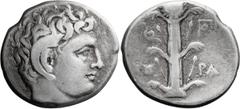 Ancient Greek Cyrenaica, Cyrene. Didrachm; Cyrenaica, Cyrene; 300-282/75 BC, Didrachm, 7.57g. BMC-243, SNG Copenhagen-1239. Obv: Horned bust of Carneius, right. Rv: Silphium plant, coiled serpent in a