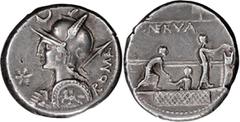 Roman Republic P. Nerva. Denarius; P. Nerva; 113-112 BC, Denarius, 3.87g. Cr-292/1, Syd-548, RSC Licinia-7. Obv: Helmeted bust of Rome left, holding spear over shoulder and shield; on shield, horseman