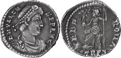 Roman Imperial Valens. Siliqua; Valens; 364-378 AD, Trier, 364-367 AD, Siliqua, 1.92g. RIC-27b, C-109. Obv: D N VALEN - S P F AVG Pearl-diademed, draped, cuirassed bust r., seen from front. Rx: VRBS R