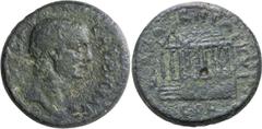 Roman Provincial Galba. AE; Galba; 68-69 AD, AE, 7.86g. RPC-1219, BMC-575. Obv: Bare bust right. Rx: L CAN AGRIPPAE IIVI COR, Tetrastyle temple with colonnaded aisle left on high podium, seen in persp