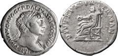 Roman Imperial Trajan. Denarius; Trajan; 98-117 AD, Rome, c. 112-3 AD, Denarius, 3.08g. Woytek-401b (10 spec.); BMC-505 note (citing Naples); RIC-251 (citing Gnecchi, Riv. It. 1896, p. 166). Obv: IMP 