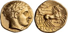 Ancient Greek Macedonia, Philip II. Stater; Macedonia, Philip II; 359-336 BC. Late lifetime-early posthumous issue of Amphipolis, ca. 340-328 BC, Stater, 8.59g. Le Rider-34, SNG ANS-246-7. Obv: Laurea